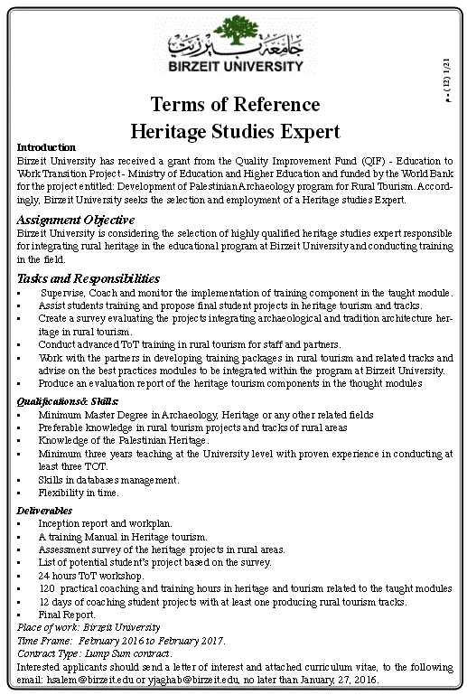 Birzeit University Heritage Studies Expert